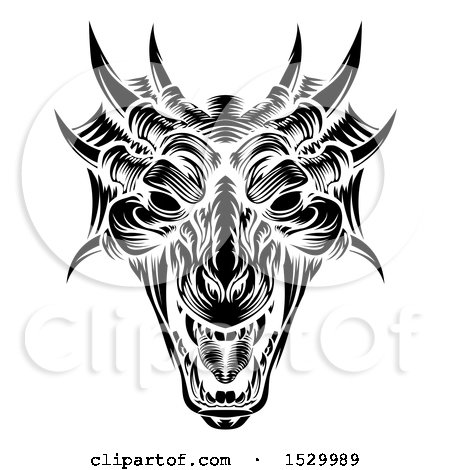 Clipart of a Dragon Head in Black and White Woodcut Style - Royalty Free Vector Illustration by AtStockIllustration