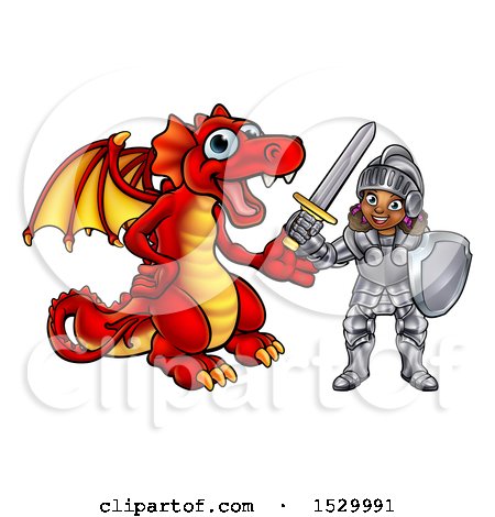 Clipart of a Black Girl Knight and Red Dragon - Royalty Free Vector Illustration by AtStockIllustration