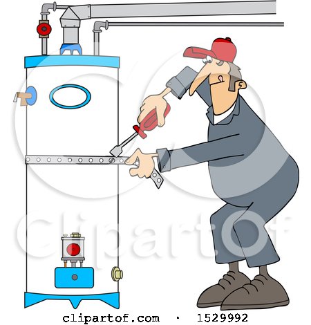 Clipart of a Male Plumber Tightening a Strap Around a Water Heater - Royalty Free Vector Illustration by djart