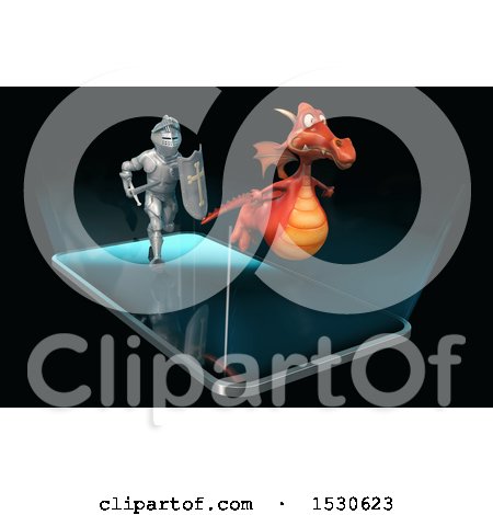 Clipart of a 3d Knight Chasing a Dragon over a Smart Phone Screen - Royalty Free Illustration by Julos