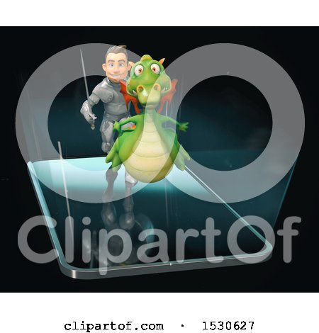 Clipart of a 3d Knight Chasing a Dragon over a Smart Phone Screen - Royalty Free Illustration by Julos