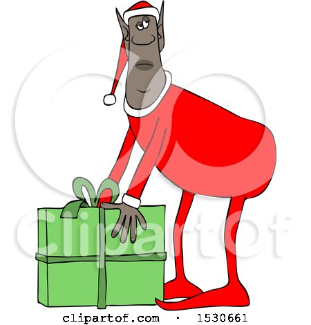 Clipart of a Black Male Christmas Elf Picking up a Gift - Royalty Free Vector Illustration by djart