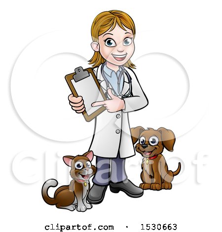 Clipart of a White Female Veterinarian Holding a Clipboard and Standing with a Cat and Dog - Royalty Free Vector Illustration by AtStockIllustration