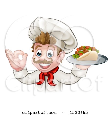 Clipart of a Caucasian Male Chef Holding a Kebab Sandwich on a Tray and Gesturing Okay - Royalty Free Vector Illustration by AtStockIllustration