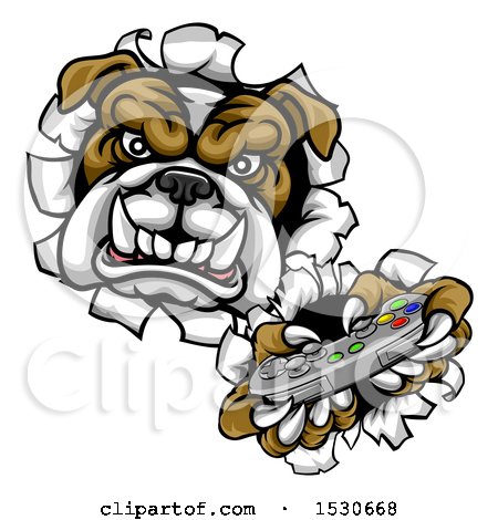 Clipart of a Bulldog Holding a Video Game Controller and Breaking Through a Wall - Royalty Free Vector Illustration by AtStockIllustration