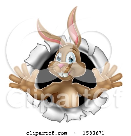 Clipart of a Happy Easter Bunny Rabbit Breaking Through a Hole in a Wall - Royalty Free Vector Illustration by AtStockIllustration
