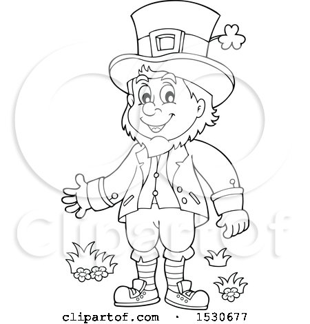 Clipart of a Black and White St Patricks Day Leprechaun - Royalty Free Vector Illustration by visekart
