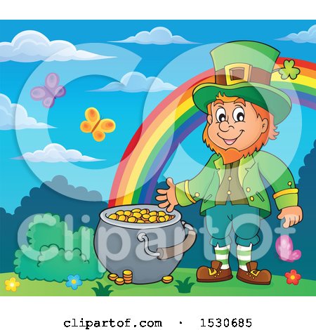 Clipart of a St Patricks Day Leprechaun with a Pot of Gold at the End of a Rainbow - Royalty Free Vector Illustration by visekart