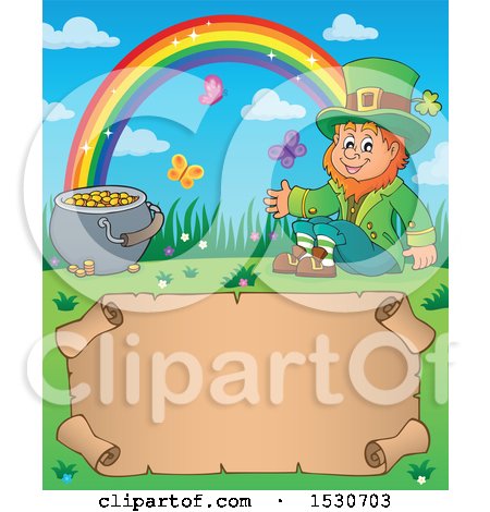Clipart of a St Patricks Day Leprechaun, Rainbow and Pot of Gold over a Parchment Scroll - Royalty Free Vector Illustration by visekart