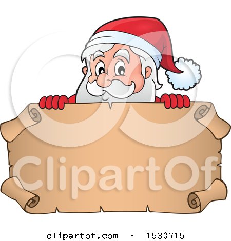 Clipart of a Christmas Santa Claus over a Parchment Scroll - Royalty Free Vector Illustration by visekart