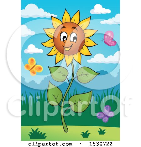 Clipart of a Happy Sunflower Character and Butterflies - Royalty Free Vector Illustration by visekart
