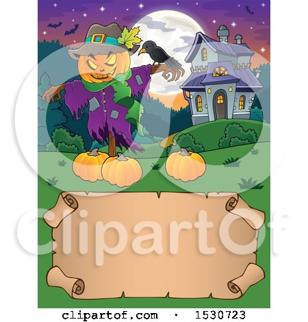 Clipart of a Scarecrow with a Crow and Halloween Pumpkins near a Haunted House over a Scroll - Royalty Free Vector Illustration by visekart