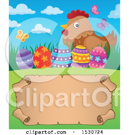 Clipart of a Parchment Scroll Under a Mother Hen and Decorated Easter Eggs - Royalty Free Vector Illustration by visekart