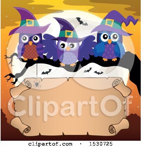Clipart of a Trio of Witch Owls on a Branch over a Full Moon and Halloween Scroll - Royalty Free Vector Illustration by visekart