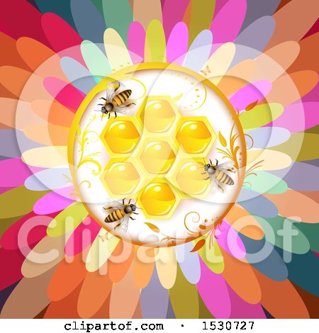 Clipart of a Flower Center with Bees and Honeycombs - Royalty Free Vector Illustration by merlinul