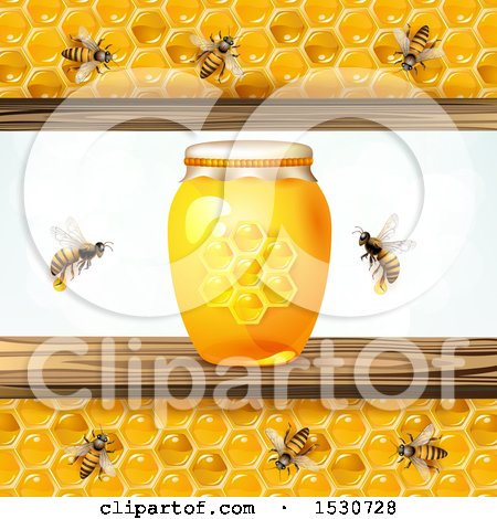 Clipart of a Honey Jar with Bees and Honeycomb Panels - Royalty Free Vector Illustration by merlinul