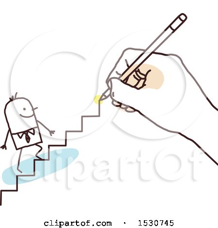 Clipart of a Hand Sketching a Stick Business Man Climbing Stairs - Royalty Free Vector Illustration by NL shop