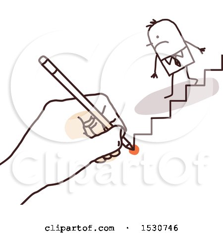 Clipart of a Hand Sketching a Stick Business Man Descending Stairs - Royalty Free Vector Illustration by NL shop