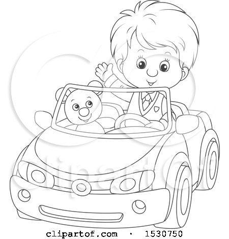 Clipart of a Black and White Boy Playing and Driving His Teddy Bear Around in a Car - Royalty Free Vector Illustration by Alex Bannykh