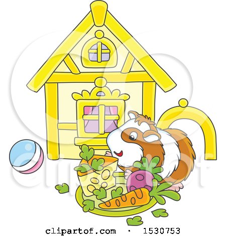 Clipart of a Happy Pet Guinea Pig with a House, Toys and Plate of Food - Royalty Free Vector Illustration by Alex Bannykh