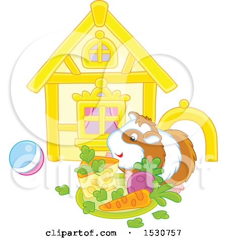 Clipart of a Happy Guinea Pig with a House, Toys and Plate of Food - Royalty Free Vector Illustration by Alex Bannykh