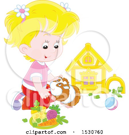 Clipart of a Blond White Girl Playing with Her Pet Guinea Pig - Royalty Free Vector Illustration by Alex Bannykh