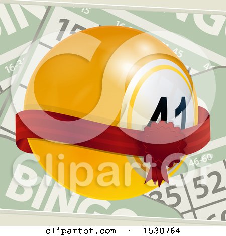 Clipart of a 3d Yellow Bingo Ball with a Ribbon over Cards - Royalty Free Vector Illustration by elaineitalia