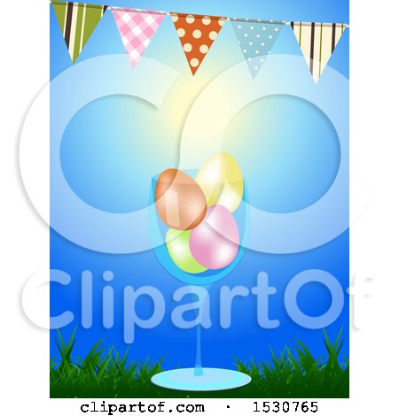 Clipart of a 3d Glass with Colored Easter Eggs Under a Bunting Against Blue Sky - Royalty Free Vector Illustration by elaineitalia