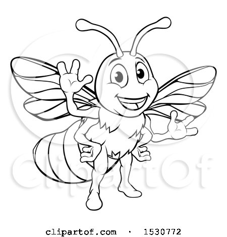 Clipart of a Black and White Happy Friendly Bee Mascot Waving - Royalty Free Vector Illustration by AtStockIllustration