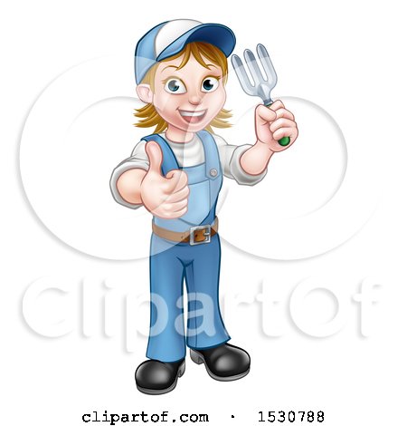 Clipart of a Full Length Happy White Female Gardener Holding a Garden Fork and Thumb up - Royalty Free Vector Illustration by AtStockIllustration