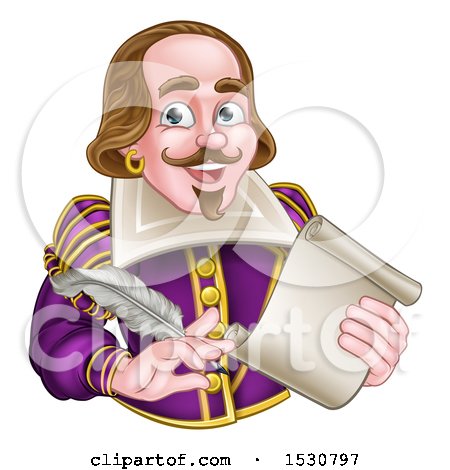 Clipart of a Man, William Shakespeare Holding a Scroll and Feather Quill, from Waist up - Royalty Free Vector Illustration by AtStockIllustration