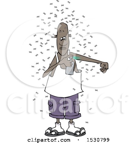 Clipart of a Cartoon Black Man Surrounded by Insects, Applying Bug Repellant Spray - Royalty Free Vector Illustration by djart