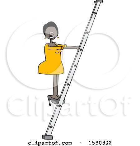 Clipart of a Cartoon Happy Successful Black Business Woman Climbing a Ladder - Royalty Free Vector Illustration by djart