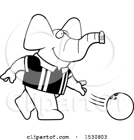 Clipart of a Cartoon Black and White Elephant Bowling - Royalty Free Vector Illustration by Cory Thoman