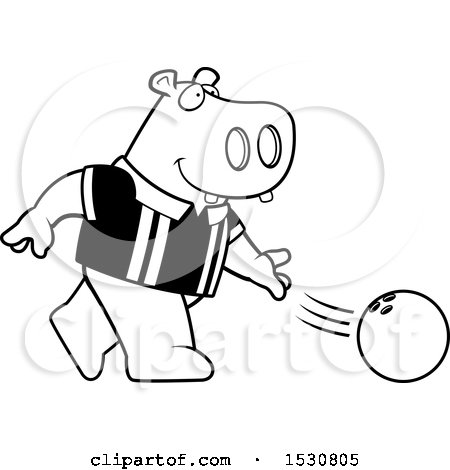 Clipart of a Cartoon Black and White Hippo Bowling - Royalty Free Vector Illustration by Cory Thoman