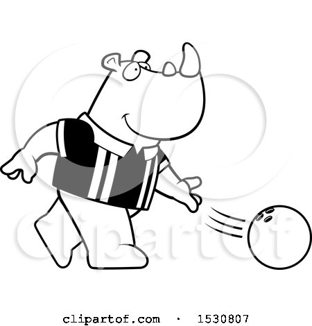 Clipart of a Cartoon Black and White Rhino Bowling - Royalty Free Vector Illustration by Cory Thoman