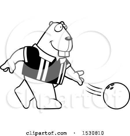 Clipart of a Cartoon Black and White Beaver Bowling - Royalty Free Vector Illustration by Cory Thoman