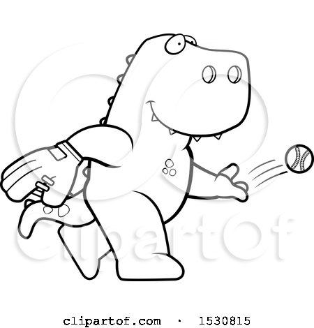 Clipart of a Cartoon Black and White Tyrannosaurus Rex Dinosaur Baseball Pitcher - Royalty Free Vector Illustration by Cory Thoman
