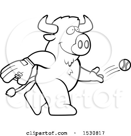 Clipart of a Cartoon Black and White Buffalo Baseball Pitcher - Royalty Free Vector Illustration by Cory Thoman