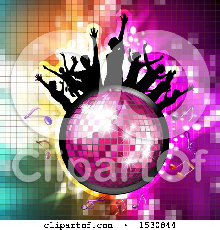 Clipart of a Pink Disco Ball with Silhouetted People Dancing and Music Notes over Gradient - Royalty Free Vector Illustration by merlinul