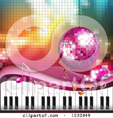 Clipart of a Pink Disco Ball Suspended over a Keyboard and Gradient - Royalty Free Vector Illustration by merlinul