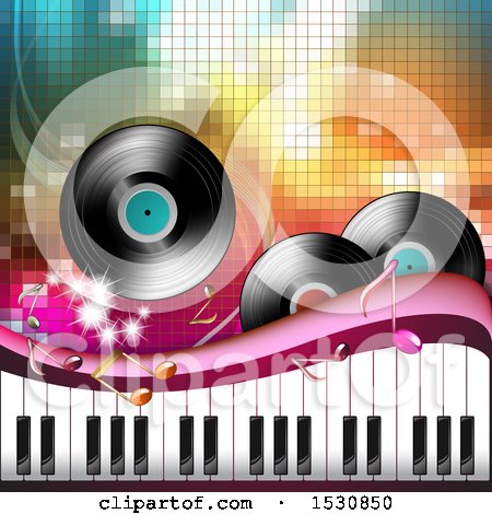 Clipart of a Background with Vinyl Records Music Notes and a Keyboard over Pixels - Royalty Free Vector Illustration by merlinul