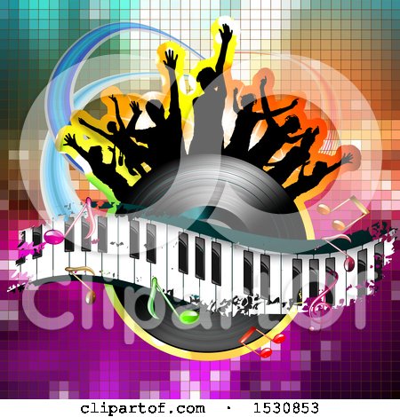 Clipart of a Vinyl Record Lp Album with Music Notes and a Keyboard Under Silhouetted Party People over Gradient - Royalty Free Vector Illustration by merlinul