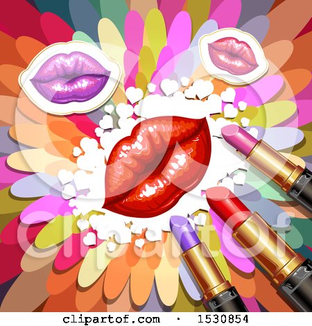 Clipart of Red Lips with Lipstick Tubes and Hearts over Colorful Flower Petals - Royalty Free Vector Illustration by merlinul
