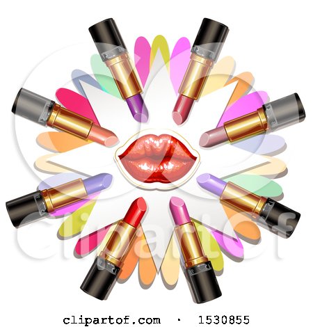 Clipart of Red Lips with Lipstick Tubes over Colorful Flower Petals - Royalty Free Vector Illustration by merlinul