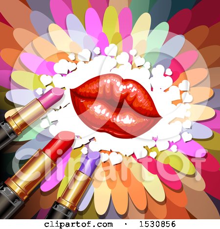 Clipart of Red Lips with Lipstick Tubes and Hearts over Colorful Flower Petals - Royalty Free Vector Illustration by merlinul