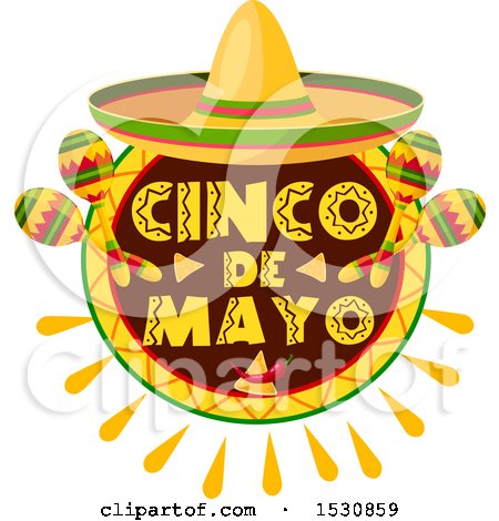 Clipart of a Mexican Sombrero Hat over a Cinco De Mayo Design with Maracas - Royalty Free Vector Illustration by Vector Tradition SM