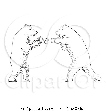 Clipart of Sketched Boxing Bears in Black and White - Royalty Free Vector Illustration by patrimonio
