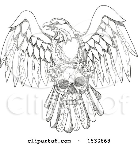 Clipart of a Sketched Bald Eagle Flying with a Human Skull in Black and White - Royalty Free Vector Illustration by patrimonio