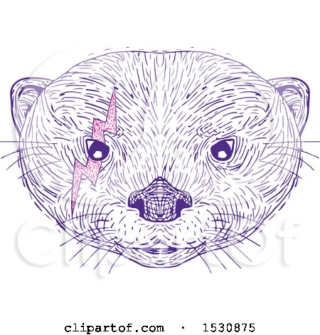 Clipart of a Sketched Asian Small Clawed Otter Face with a Pink Bolt Around One Eye - Royalty Free Vector Illustration by patrimonio